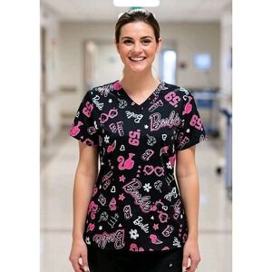 BARBIE - Women's - Black / Pink - Scrub Top - Size M - NWT